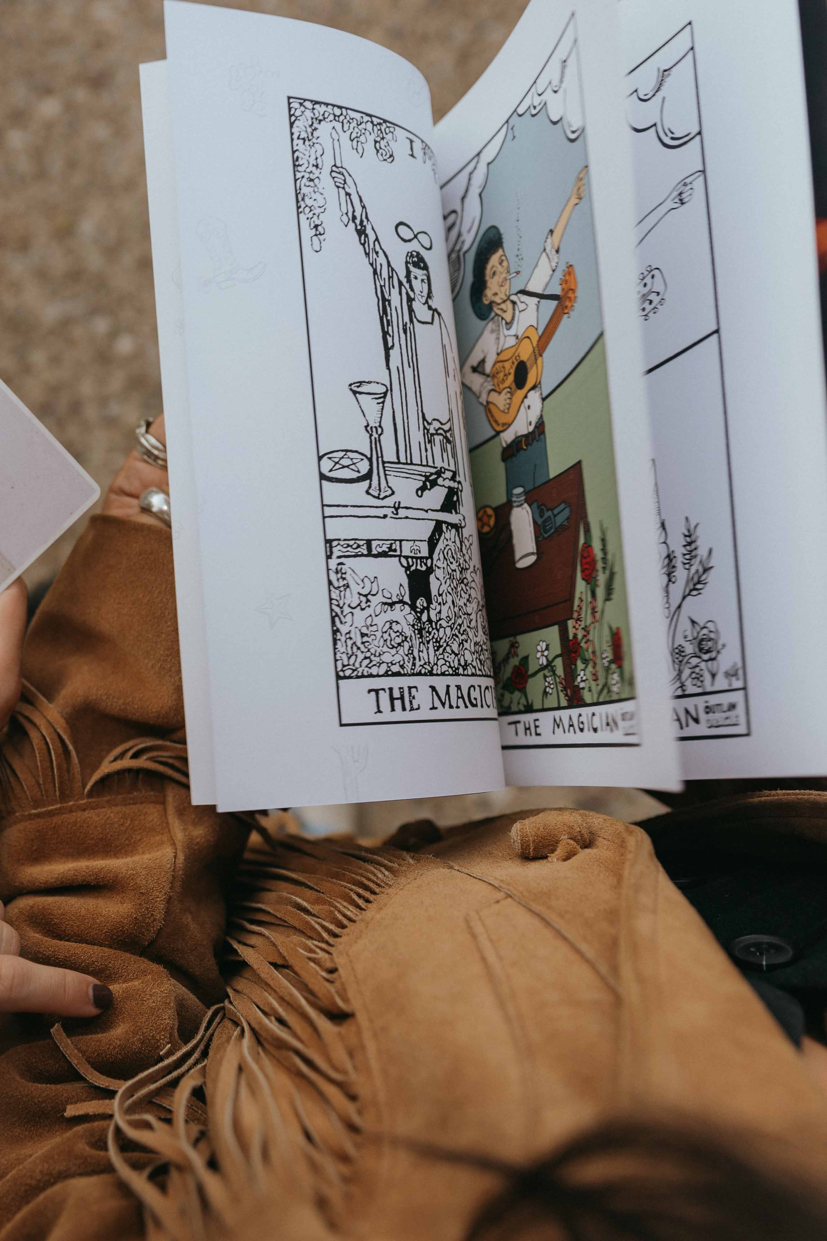 Sample pages from Honky Tonk Tarot book showing the traditional tarot's version of The Magician card and The Honky Tonk Tarot version, which features Woody Guthrie