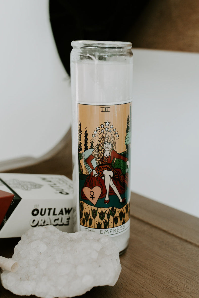Dolly Parton Empress tarot card colorful folk art prayer candle in glass jar.