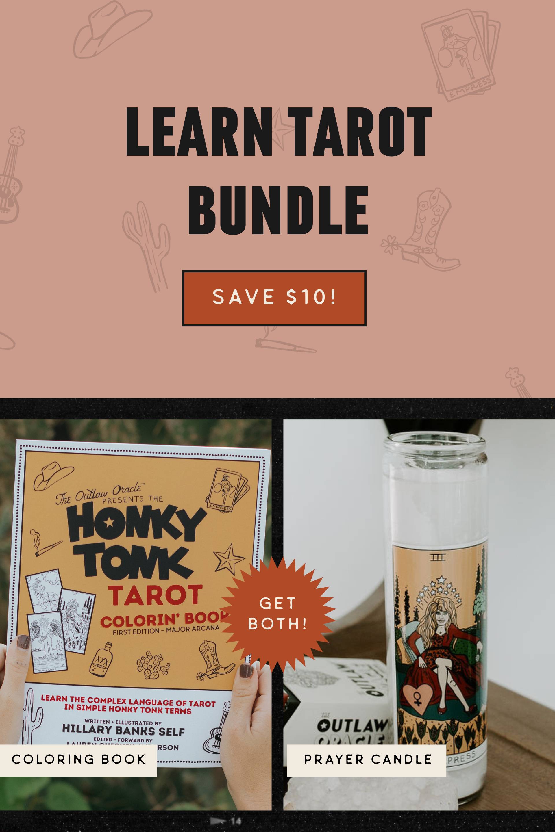 Learn Tarot Bundle featuring Honky Tonk coloring book and country outlaw prayer candle