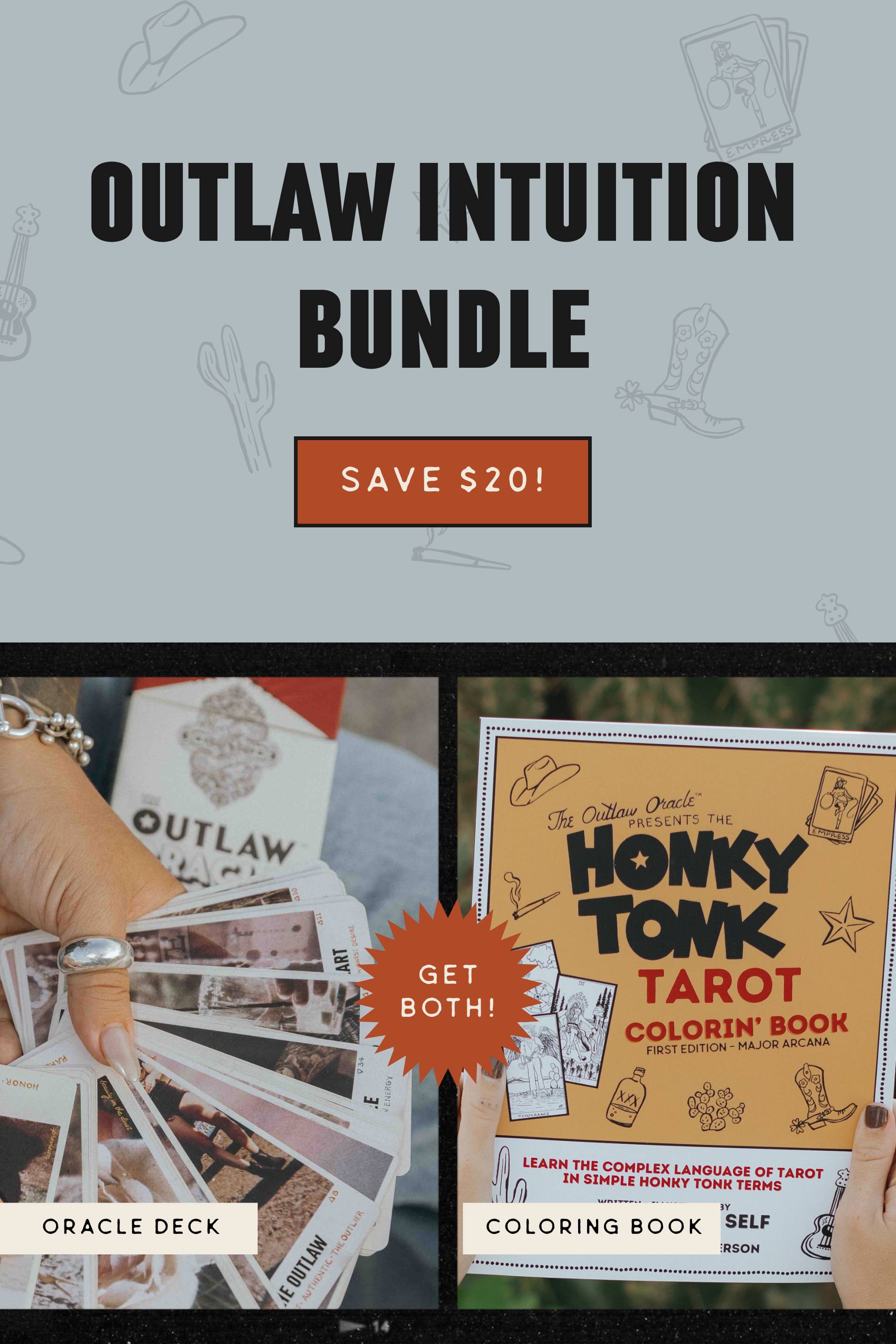 Save with our Complete Outlaw Intuition Bundle featuring The Outlaw Oracle 44-card deck and guidebook and our western tarot coloring book "The Honky Tonk Tarot Colorin' Book".
