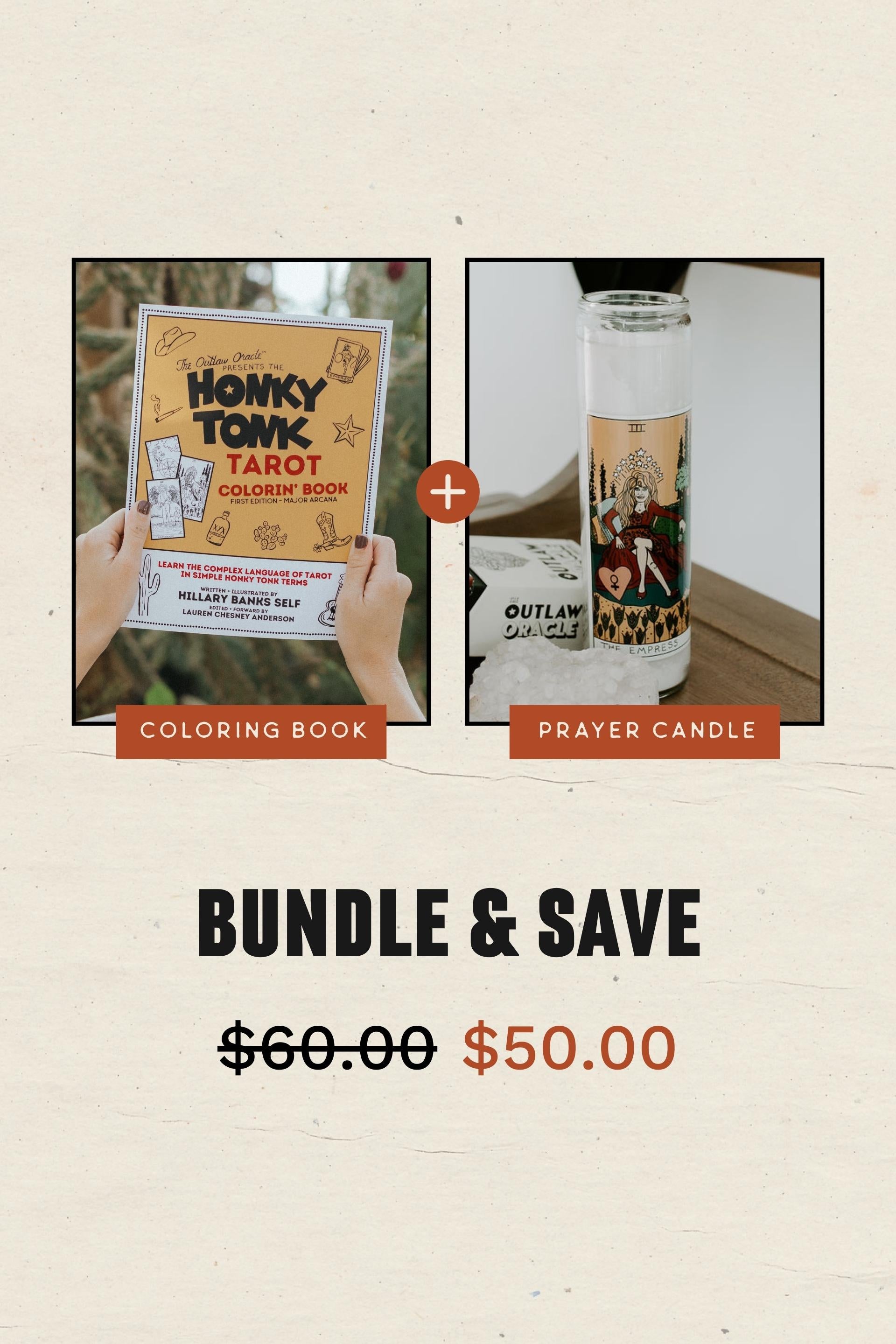 Save ten dollars with our Learn Tarot Bundle which features the Honky Tonk Tarot Coloring Book a Honky Tonk Tarot Prayer Candle