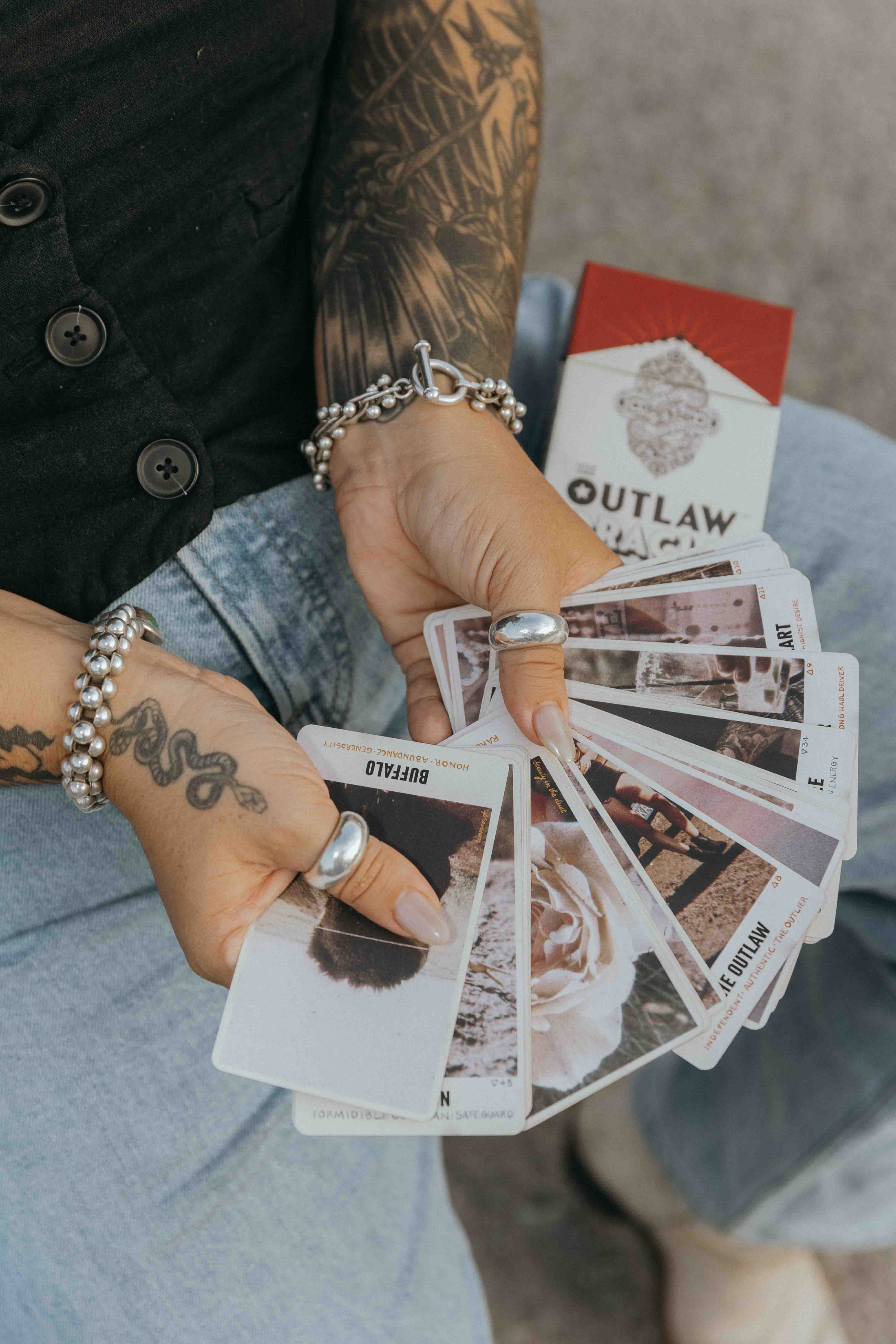 44-card Outlaw Oracle Deck featuring country western artwork with companion guidebook which has recommended songs and messages for every card - including both upright and reversed meanings.