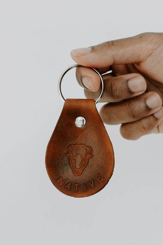 Buffalo design genuine leather keychain showing western tooling detail