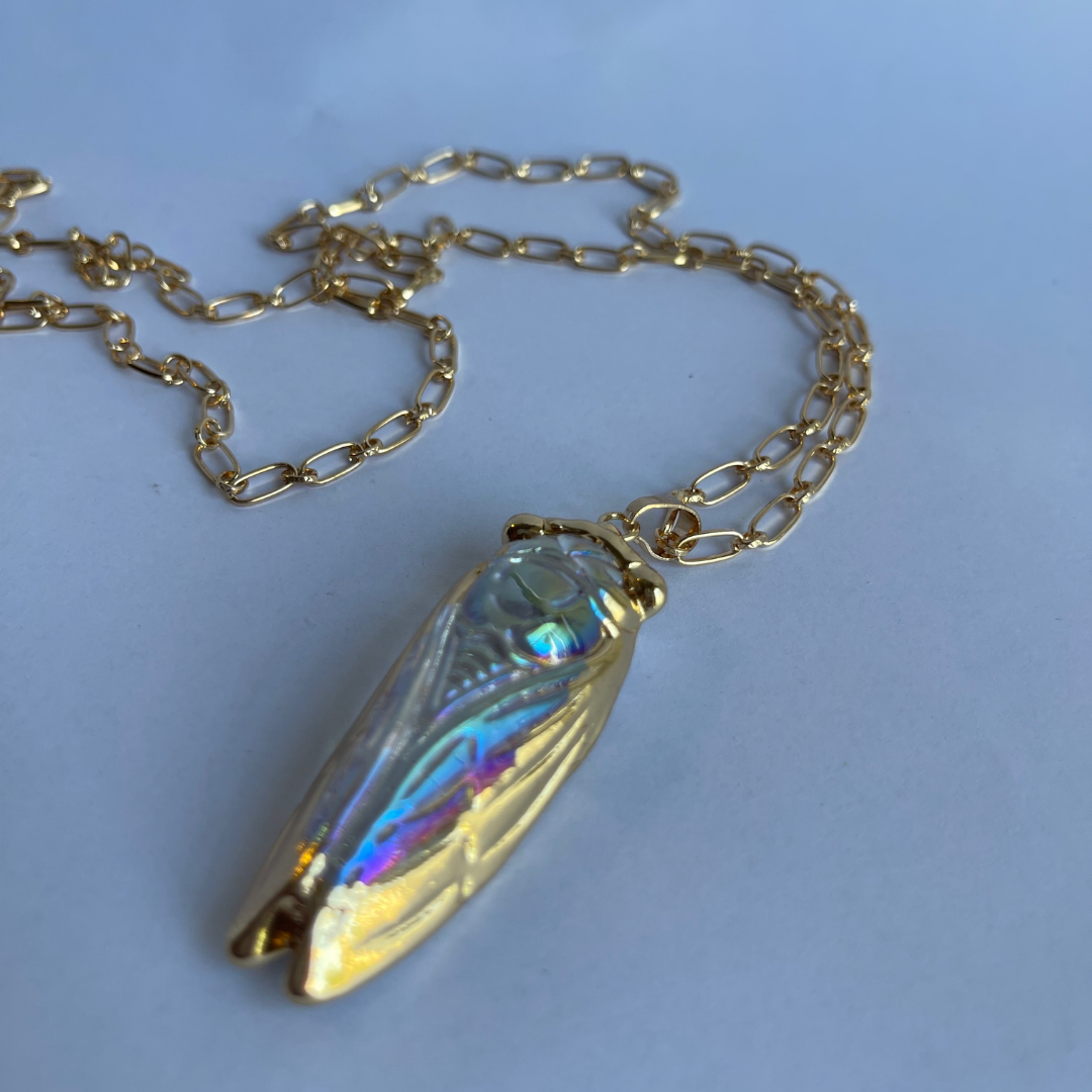 One-of-a-kind 22-inch iridescent glass cicada necklace with faux-gold finish and chain