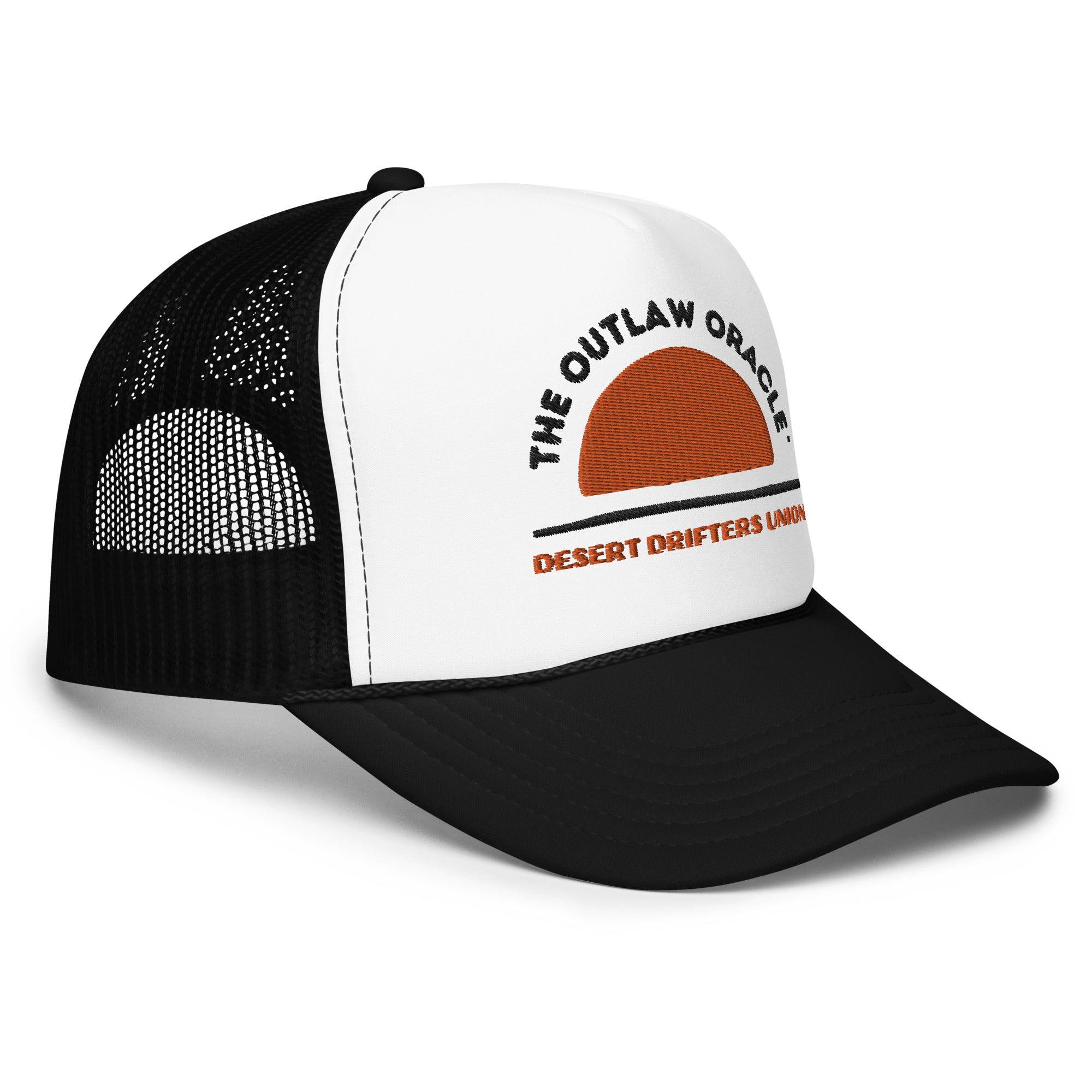 Desert Drifters Union embroidered trucker hat side view showing mesh panels and adjustable snap